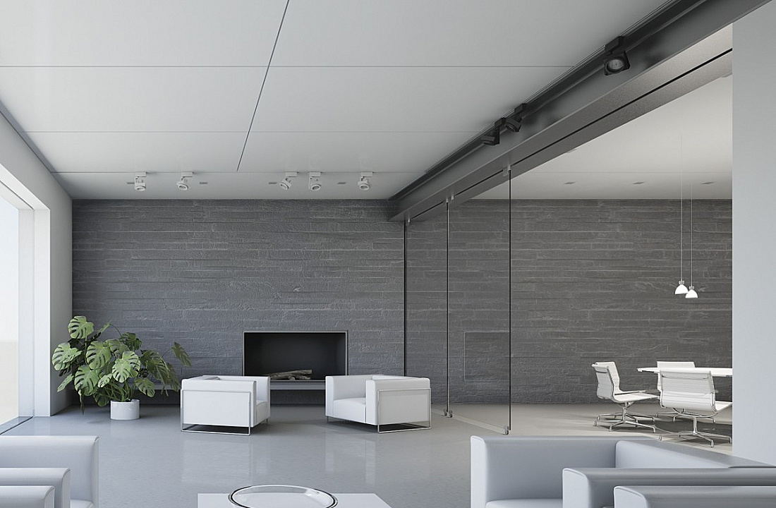 Light and dark design using ERCO spotlights in a modern living space.
