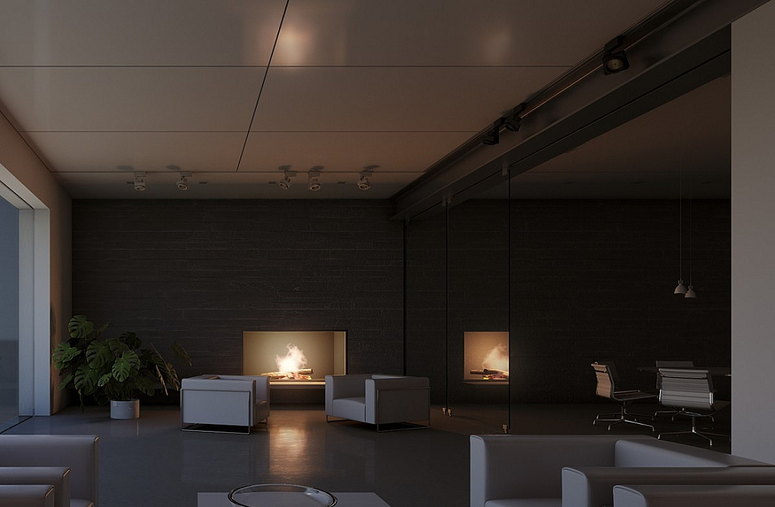 ERCO lighting design: Dark room with fireplace, accented by focused spotlights and pendant luminaires.