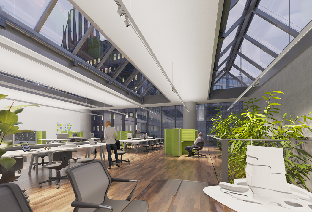 ERCO LED light structures in a modern office with daylight and plants for flexible lighting design.