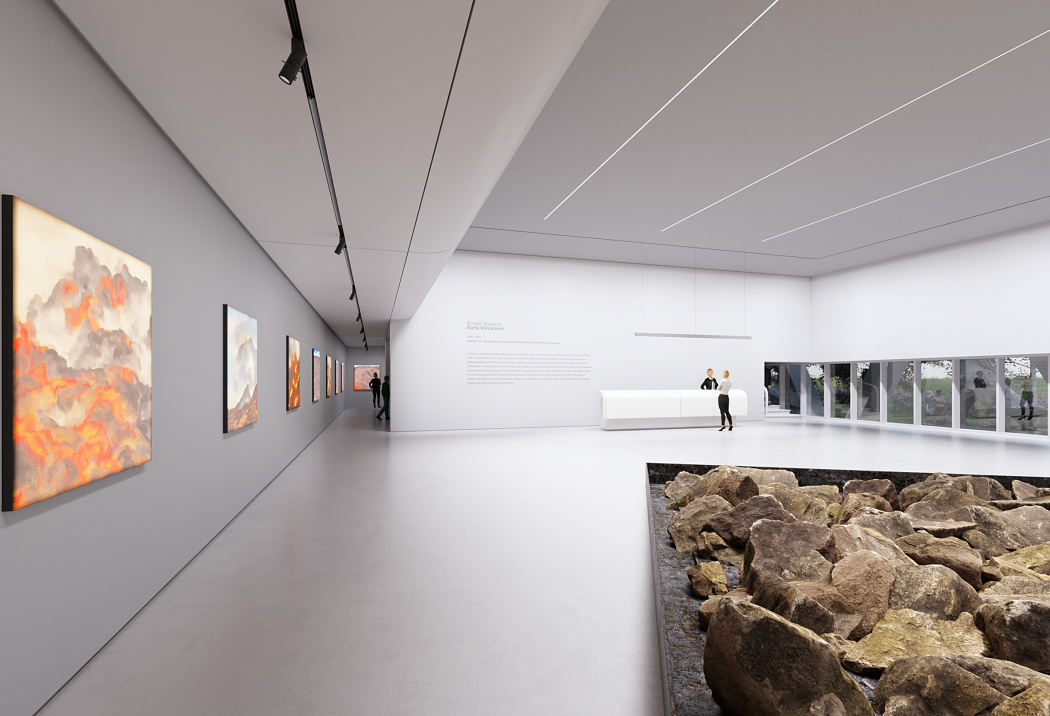 LED light structures illuminate art in a gallery, accented by ERCO spotlights for flexible lighting.