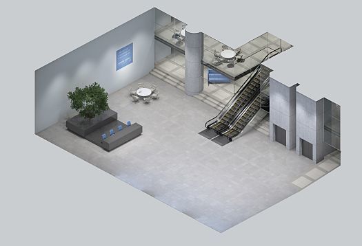 Isometric view of a foyer with stairs, elevator, and seating. Zonal lighting concept by ERCO.