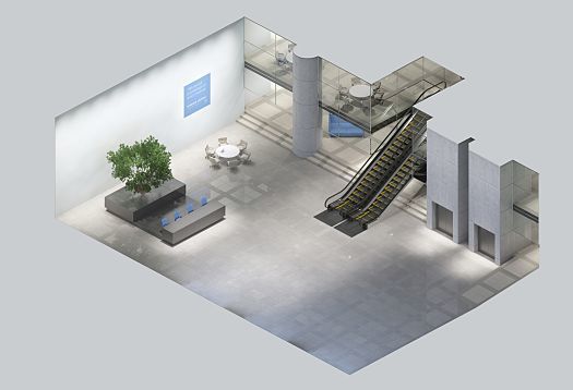 Zonal lighting in a foyer with ERCO lighting solutions for high visual comfort and lower illuminance levels.