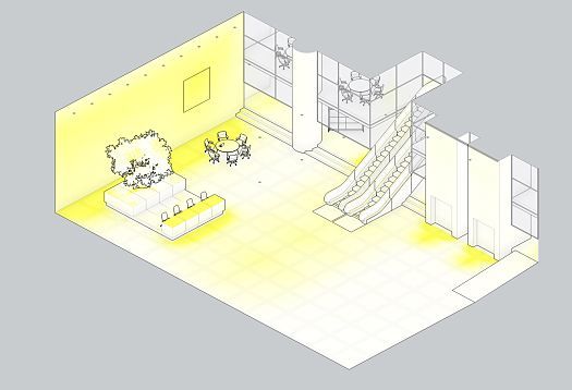Zonal lighting in a foyer using ERCO luminaires for high visual comfort and energy efficiency.