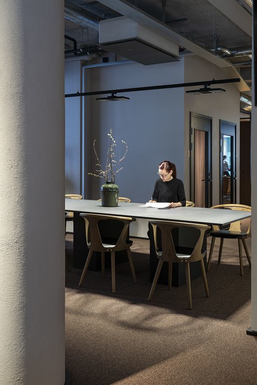 ERCO Jilly downlights illuminate a co-working space with flexible workstations.