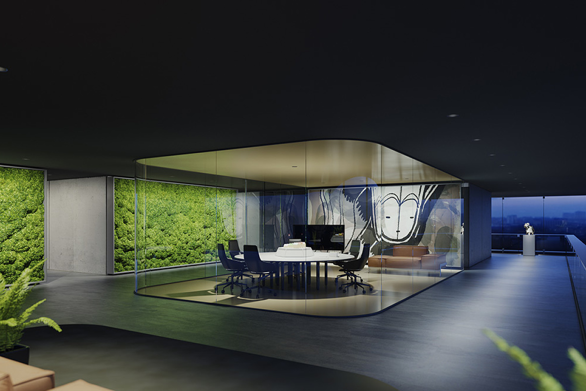 Flexible ERCO LED lighting in a modern co-working space with Jilly downlights for adaptable illumination.