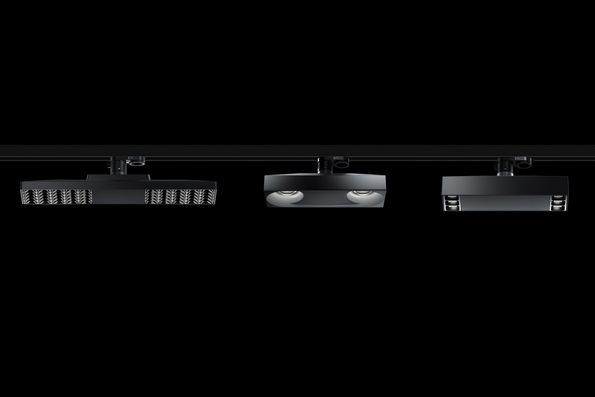 ERCO Jilly track-mounted spotlights for flexible co-working space lighting.