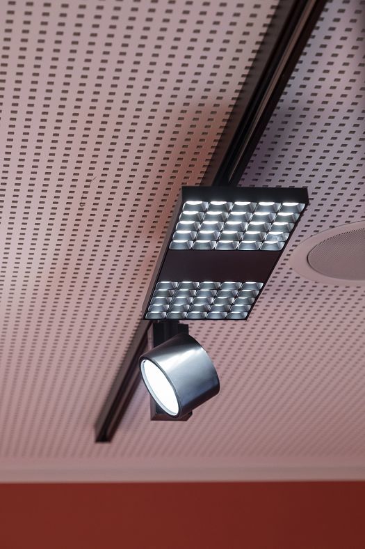 ERCO Jilly track downlights providing flexible lighting for co-working spaces.