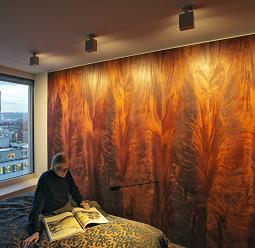 ERCO residential lighting: Woman reading on sofa, accent lighting creates a cozy atmosphere.