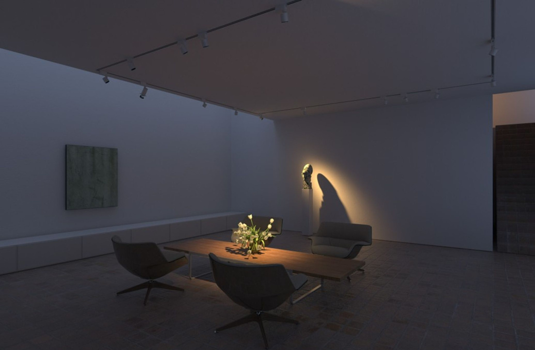 ERCO lighting in a living space: Spotlights accentuate a sculpture and painting for visual interest.