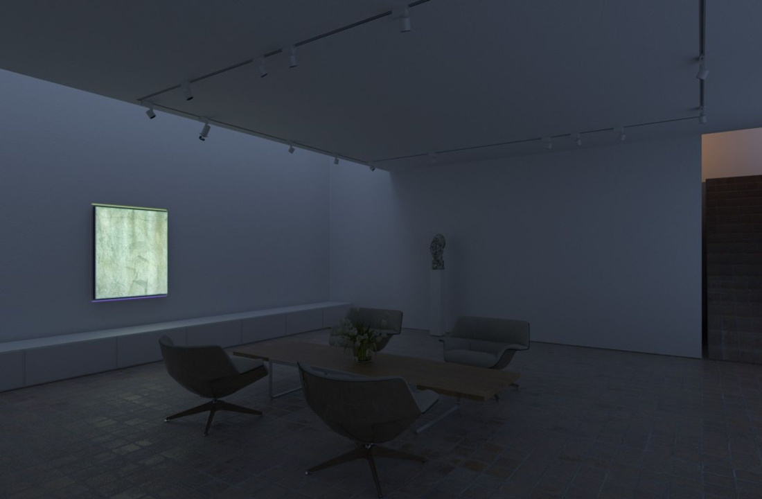ERCO lighting accents in a living space: Flexible track lighting for art and furniture.