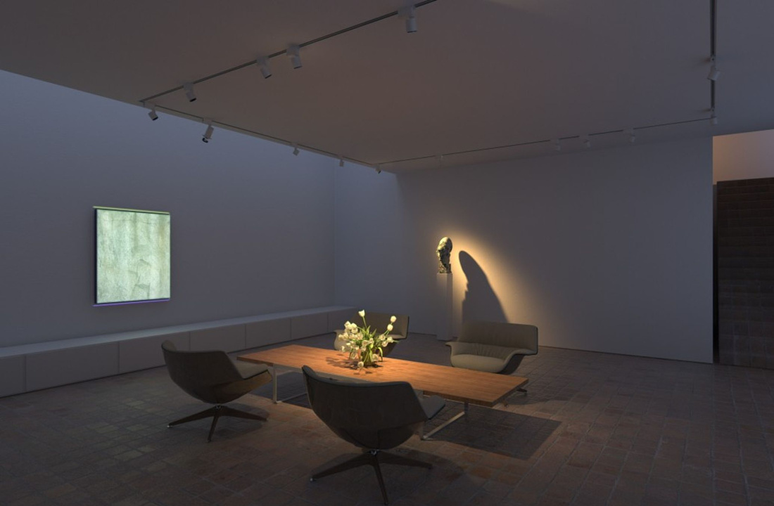 Living space with ERCO lighting: Accent lights highlight art and sculpture.