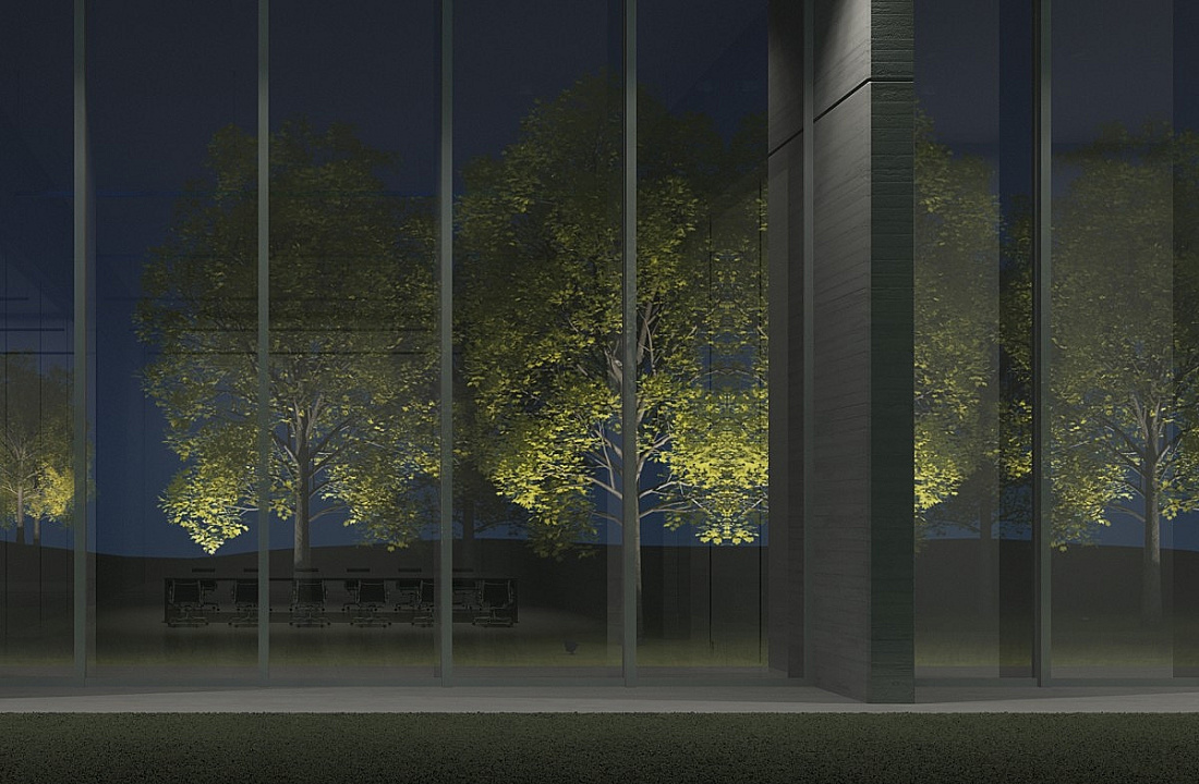 Illuminated trees seen through a conference room window, focusing on reflections and lighting design.