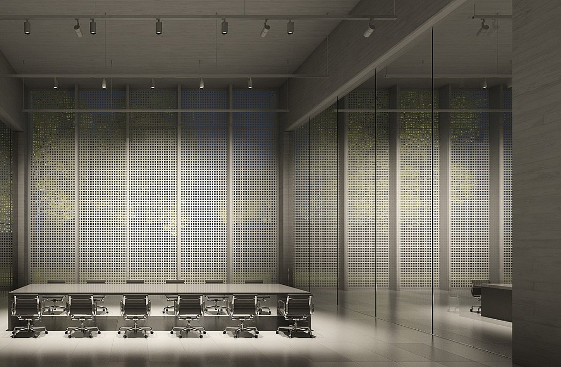 ERCO lighting design: Conference room with indirect lighting and view through perforated facade.