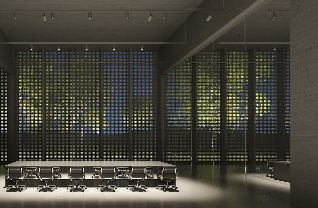 Conference room featuring ERCO lighting with a view through the window facade.