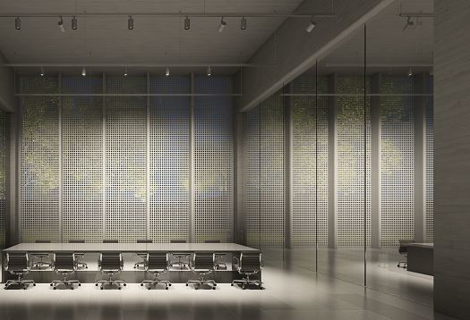 Conference room with ERCO lighting and view through perforated facade.
