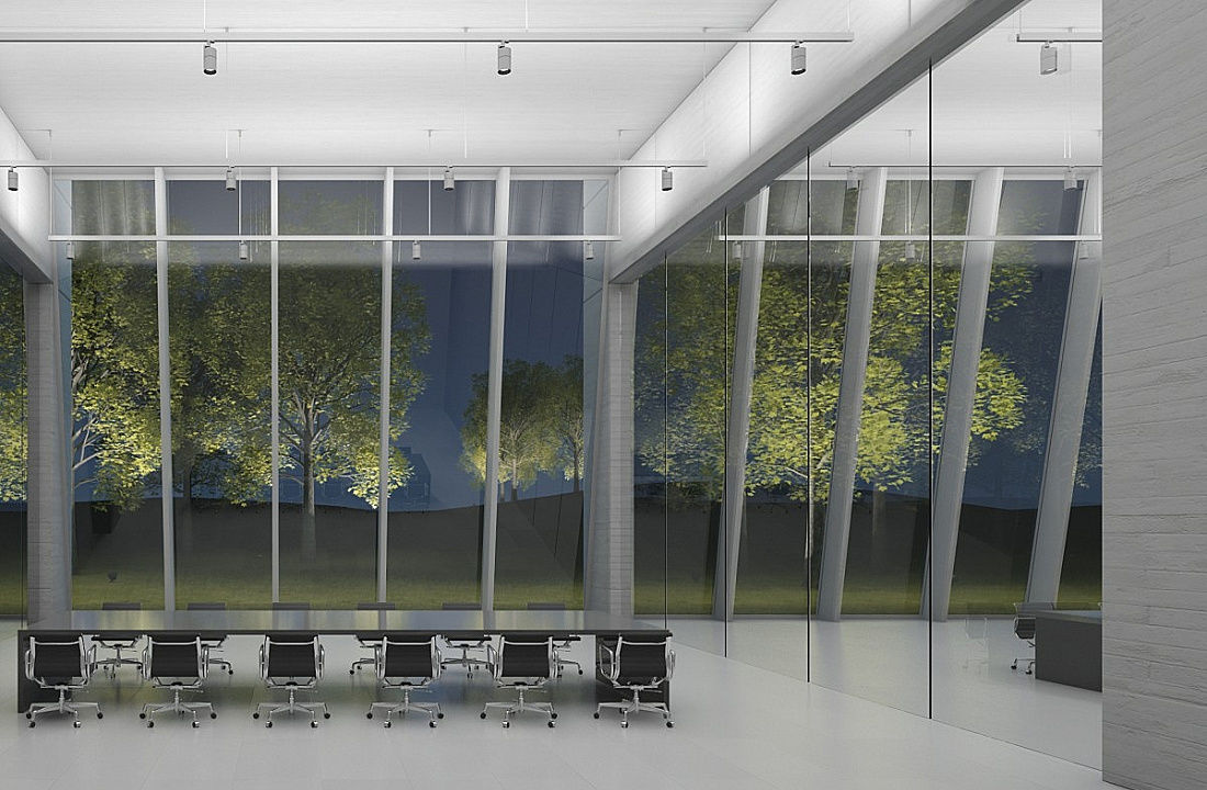 ERCO lighting in a conference room with a view of trees through the windows.