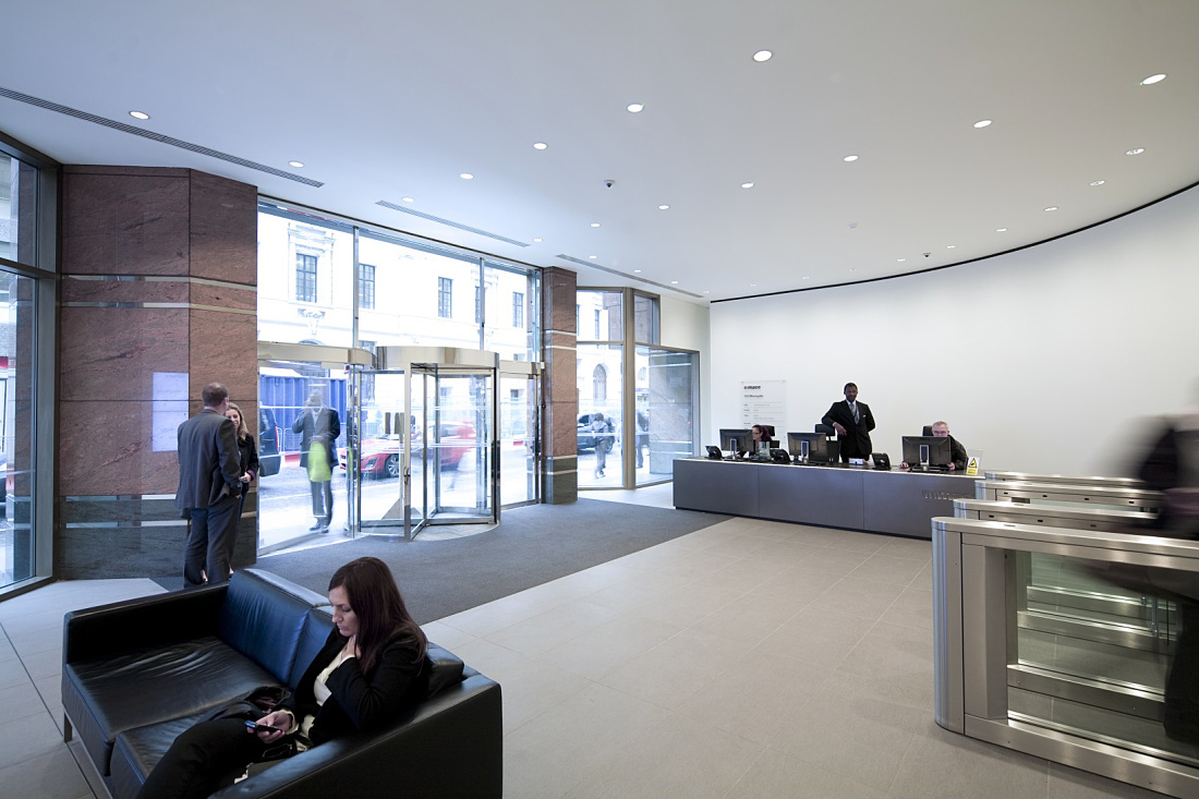 Mace headquarters London foyer illuminated by Quintessence LED wallwashers.
