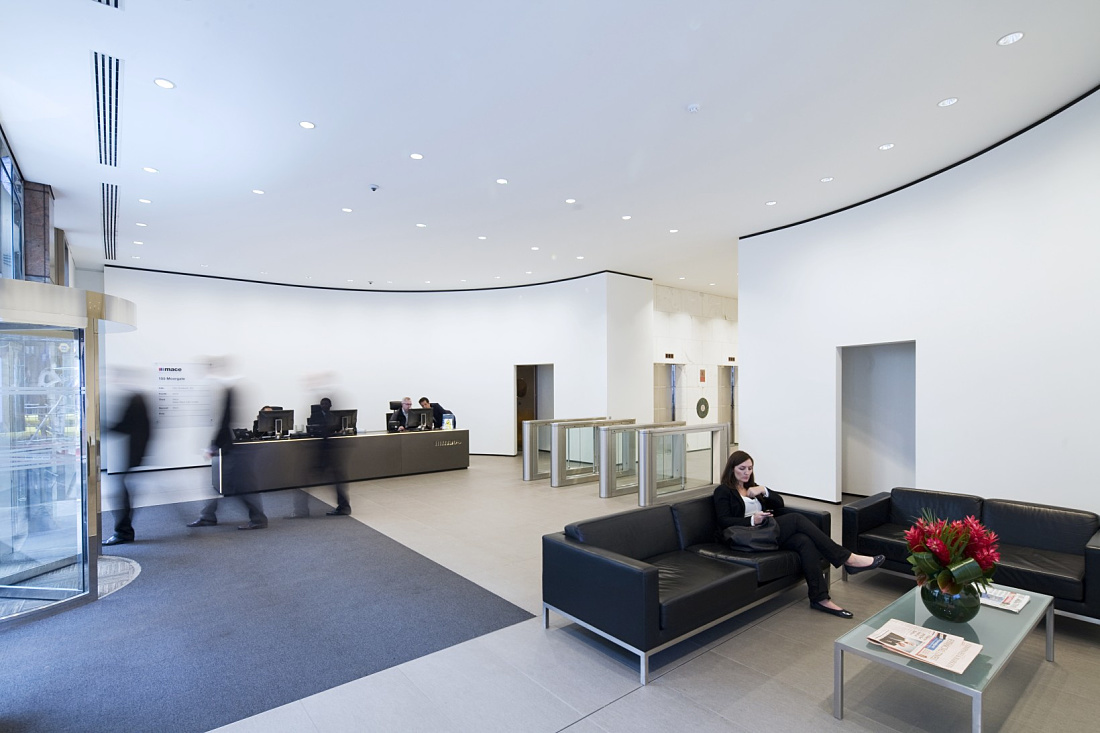 Mace HQ London foyer illuminated by Quintessence LED wallwashers.
