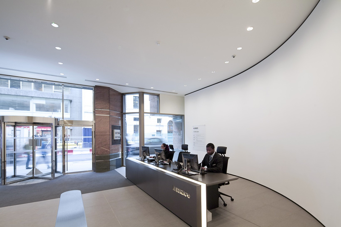 Mace HQ London foyer illuminated by Quintessence LED wallwashers.