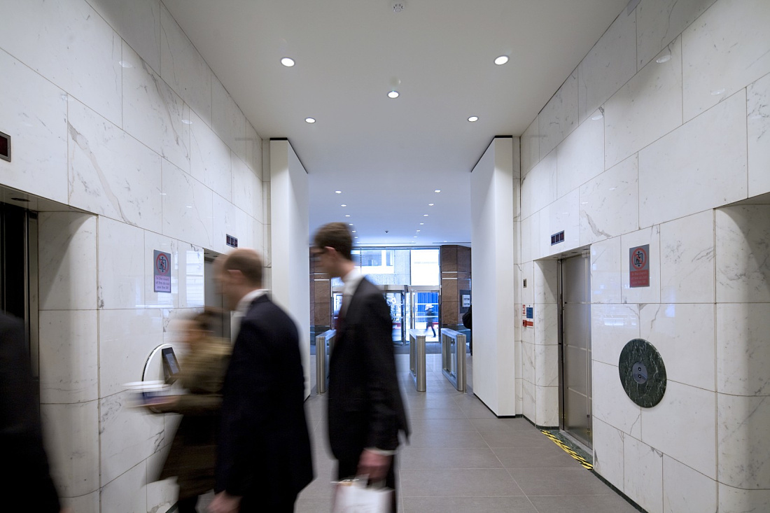 Mace HQ London foyer illuminated by Quintessence LED wallwashers.