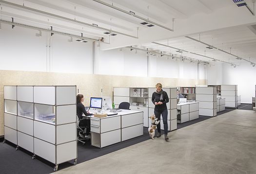 ERCO Jilly downlights illuminate a modern loft office for flexible office lighting.