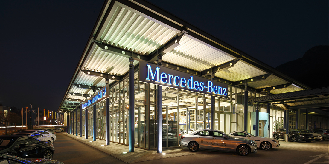 Mercedes-Benz showroom in Lugano featuring energy-efficient LED lighting by ERCO.