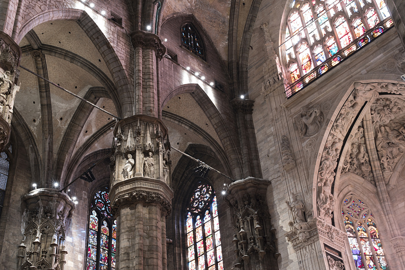 Milan Cathedral interior featuring ERCO LED lighting highlighting architectural details.