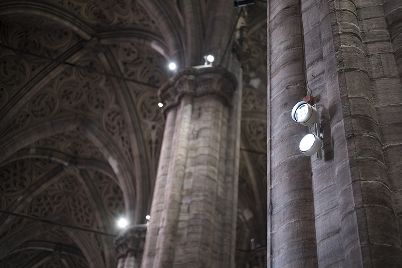 ERCO LED projectors illuminate Milan Cathedral, energy-efficient and durable lighting.