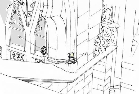 Sketch of Milan Cathedral facade with ERCO Lightscan projectors for outdoor lighting.