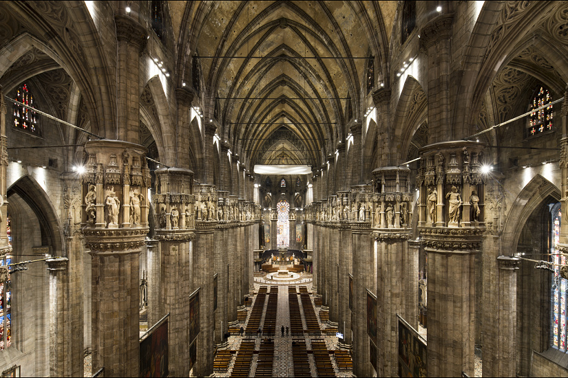 Interior of Milan Cathedral featuring ERCO LED lighting, highlighting architectural details.