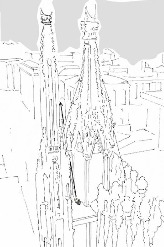 Sketch of Milan Cathedral spires featuring ERCO LED lighting, highlighting architectural details.