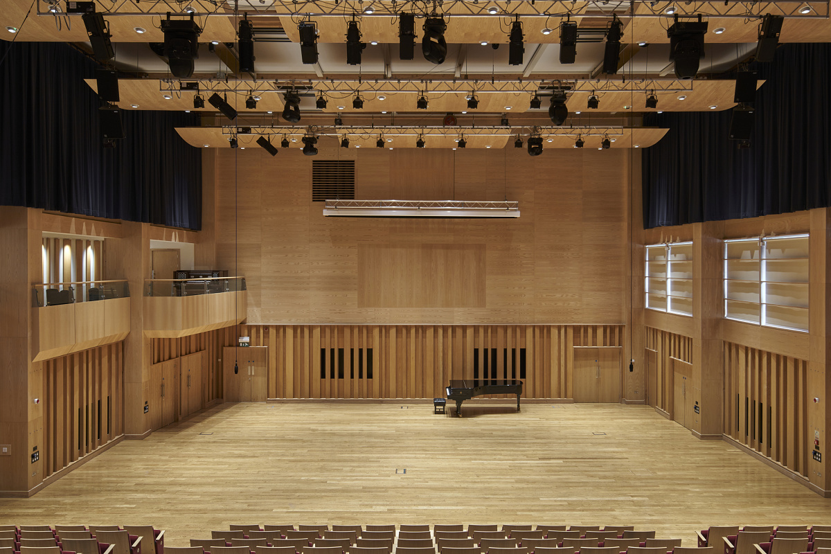 Millfield School's concert hall featuring energy-efficient ERCO LED lighting for visual comfort.