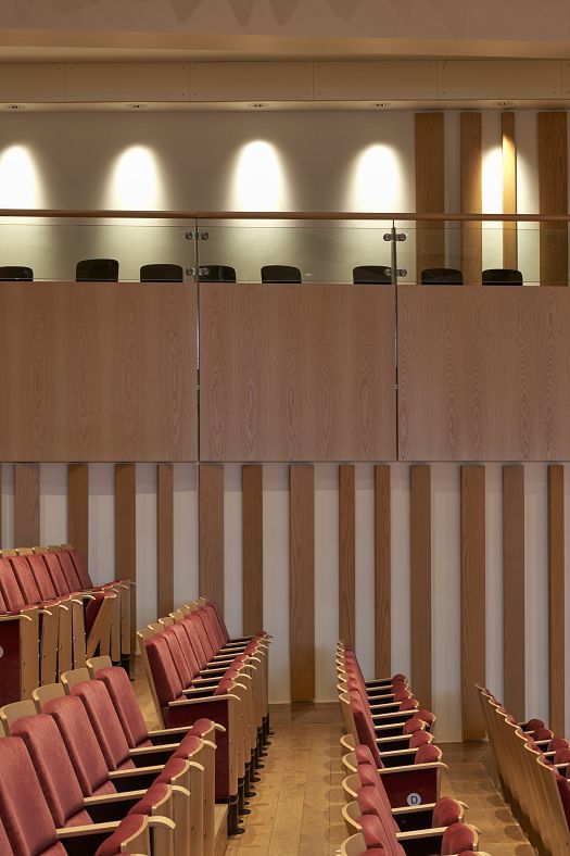Millfield School concert hall featuring ERCO Atrium pendant luminaires for energy-efficient LED lighting.