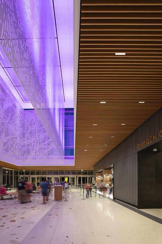 ERCO LED lighting in Missouri Botanical Gardens visitor center, featuring Quintessence recessed luminaires.