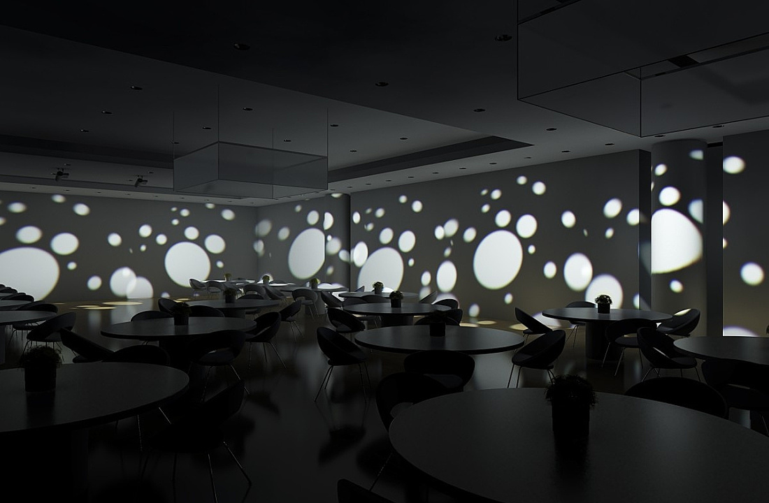 Gala multifunctional room featuring dynamic gobo projection for festive lighting.