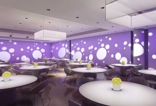 Gala multifunctional room featuring accent lighting and wallwashing for festive events.