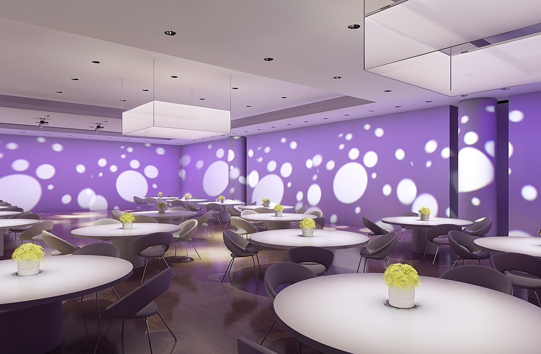 Festive gala room featuring accent lighting, wallwashing, and gobo projections for atmospheric staging.