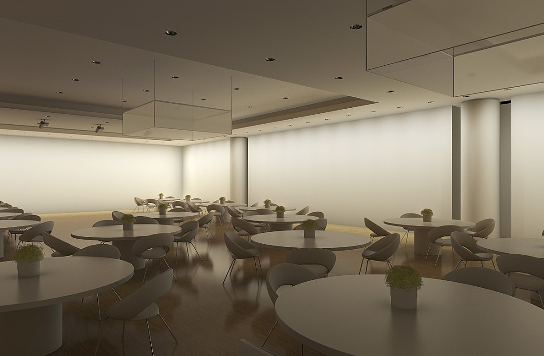 Gala multifunctional room with round tables, illuminated with ERCO lighting for festive events.