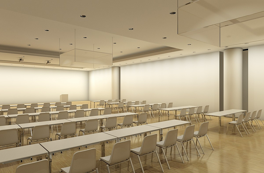 Seminar room with tables and chairs, set for an ERCO lighting knowledge session.