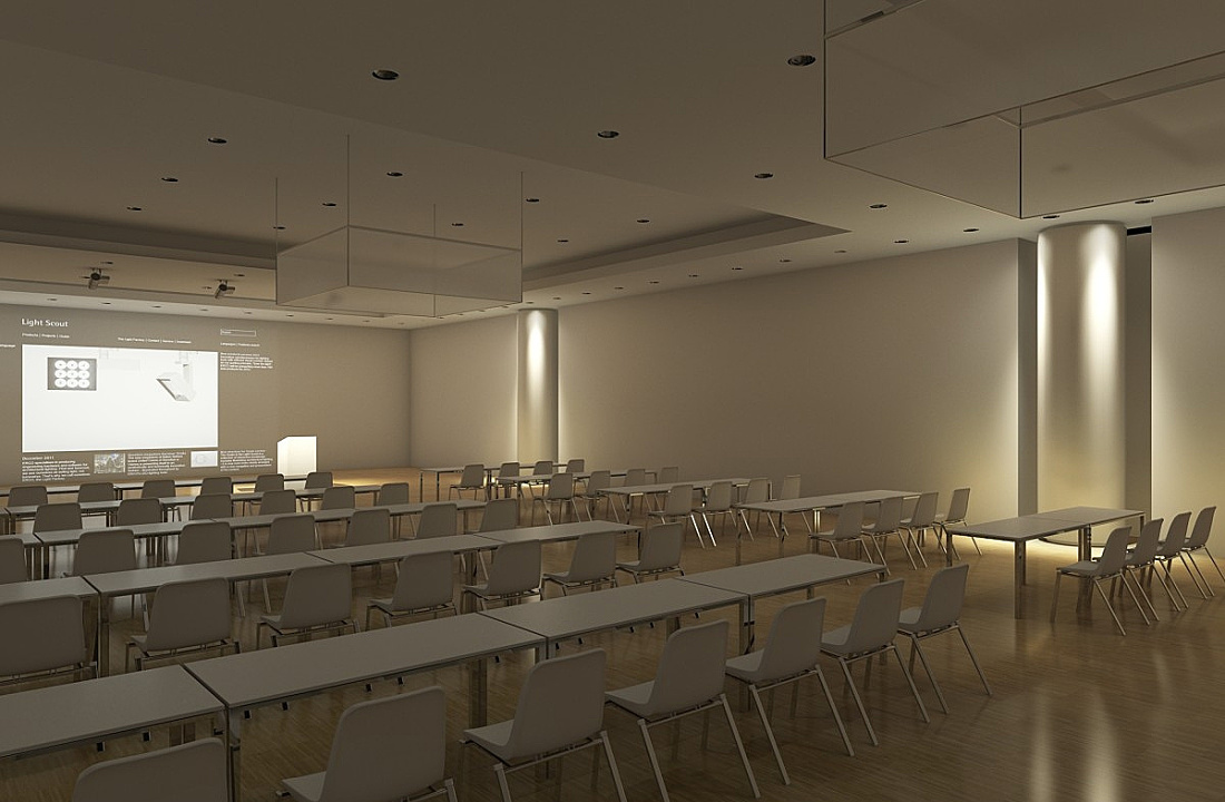 Seminar room with ERCO lighting: Downlights for ambient light, wallwashers for spaciousness, accent lighting for presentations.