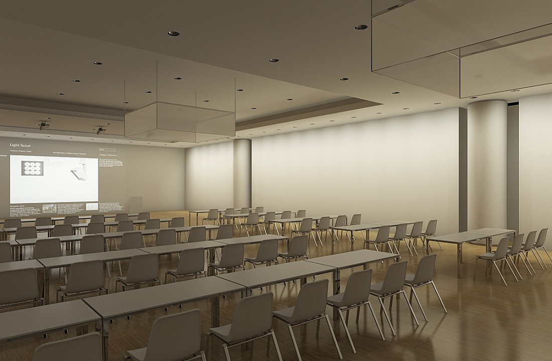 Seminar room featuring ERCO downlights and wallwashers for flexible lighting.