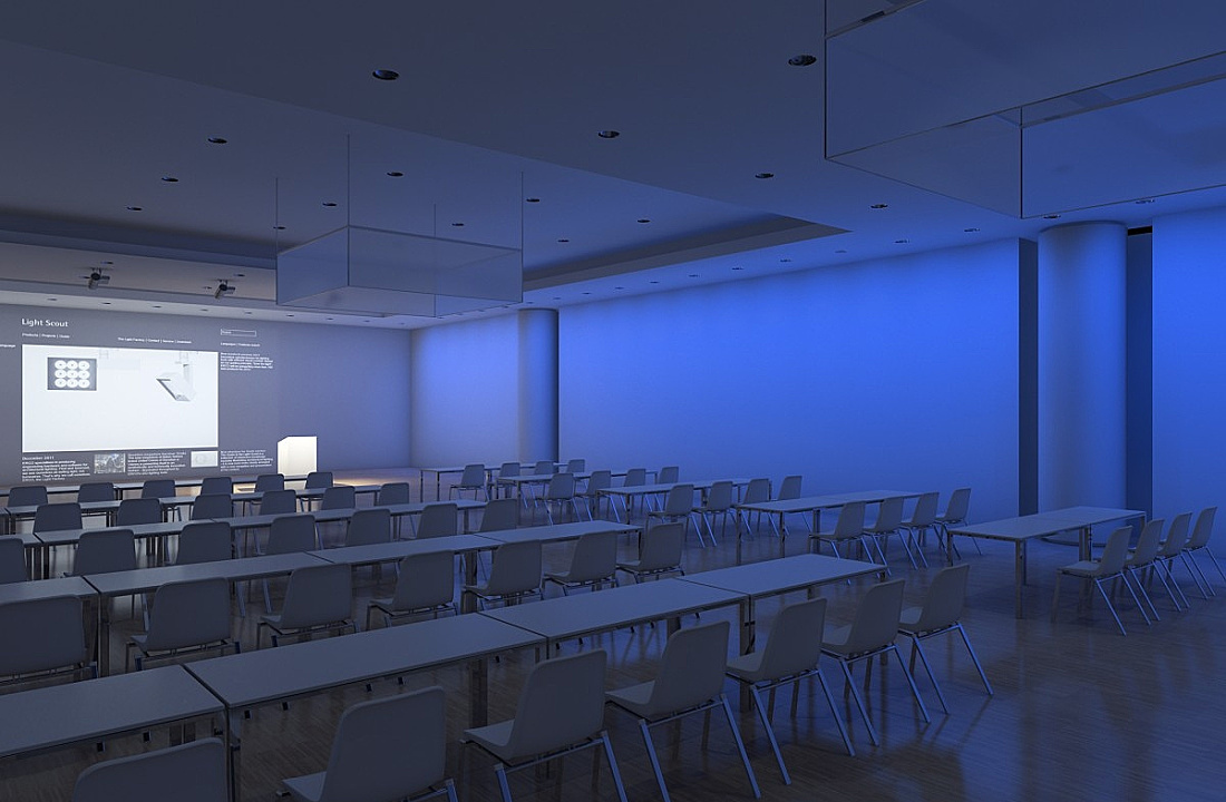 Multifunctional seminar room with ERCO downlights and wallwashers for flexible lighting.