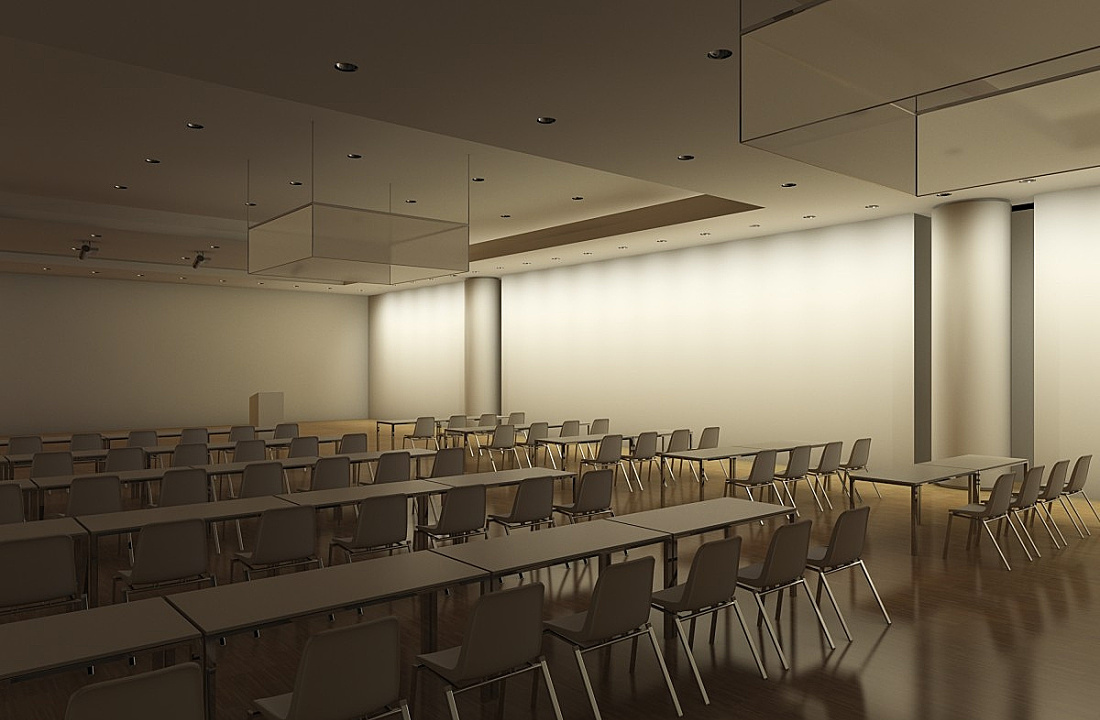 Multifunctional seminar room with ERCO lighting for presentations and discussions.