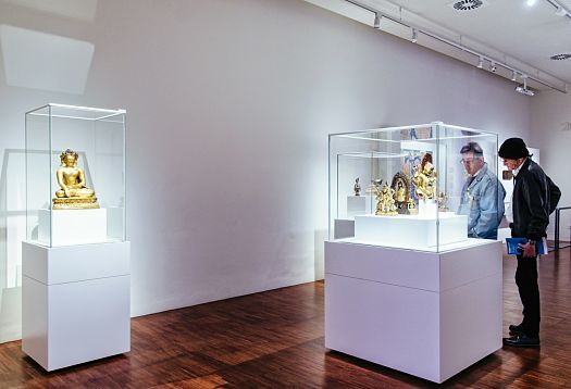 Visitors view Buddha statues in display cases, illuminated by ERCO Optec spotlights at Museu de Cultures del Món, Barcelona.