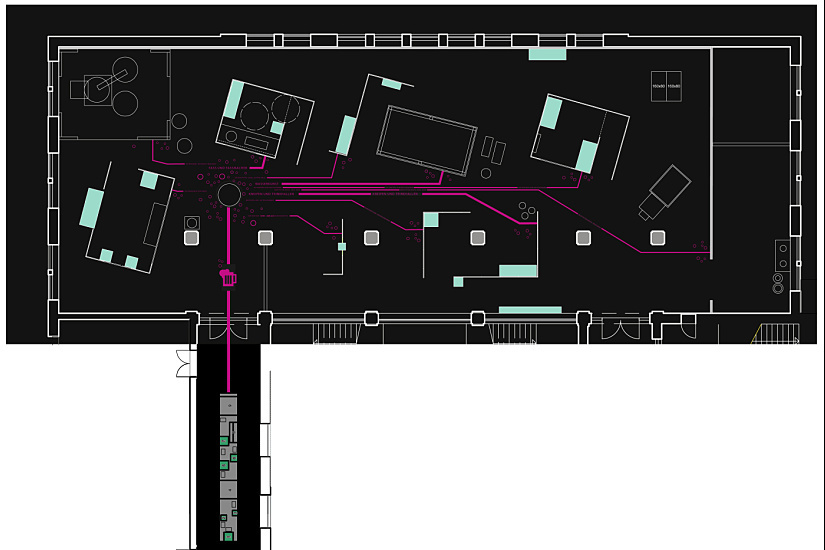 Floor plan of the Museum für Hamburgische Geschichte, showing the lighting design and guidance system of the exhibition.