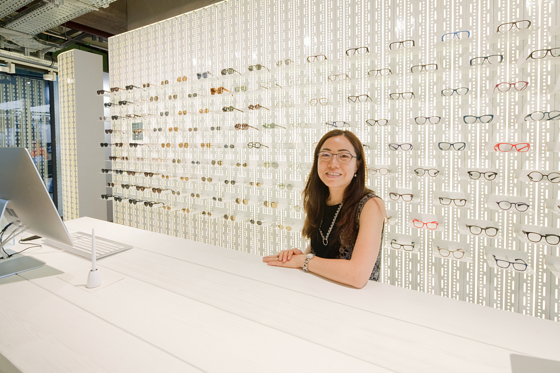 Mykita eyewear display wall with ERCO LED lighting in Bikini Berlin store.