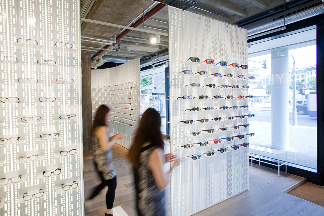 MYKITA store in Berlin featuring ERCO LED spotlights highlighting eyewear.