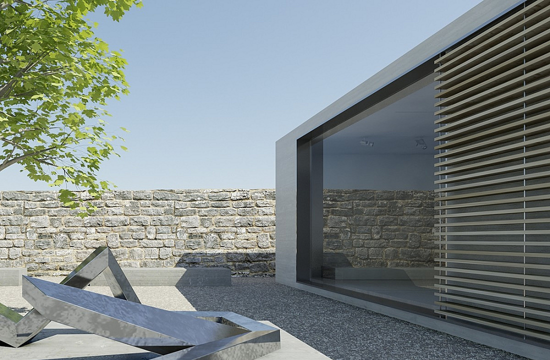 Modern architecture with ERCO lighting: Outdoor art object with stone wall and building.