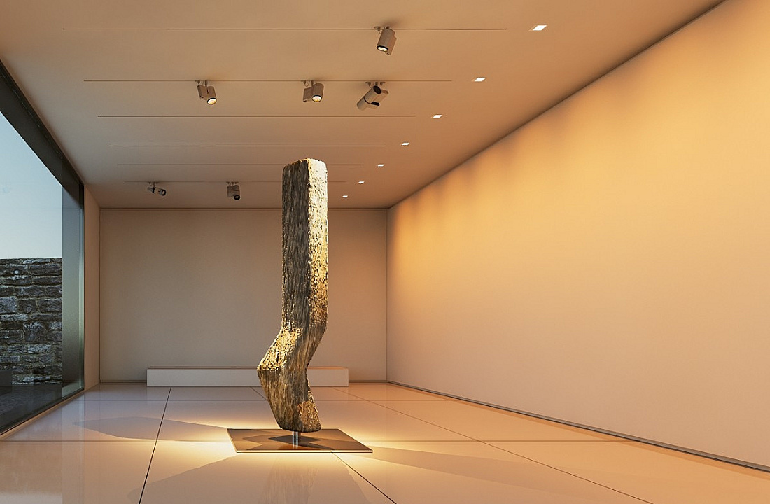 Illuminated sculpture in a gallery, accented by ERCO spotlights for an atmospheric presentation.