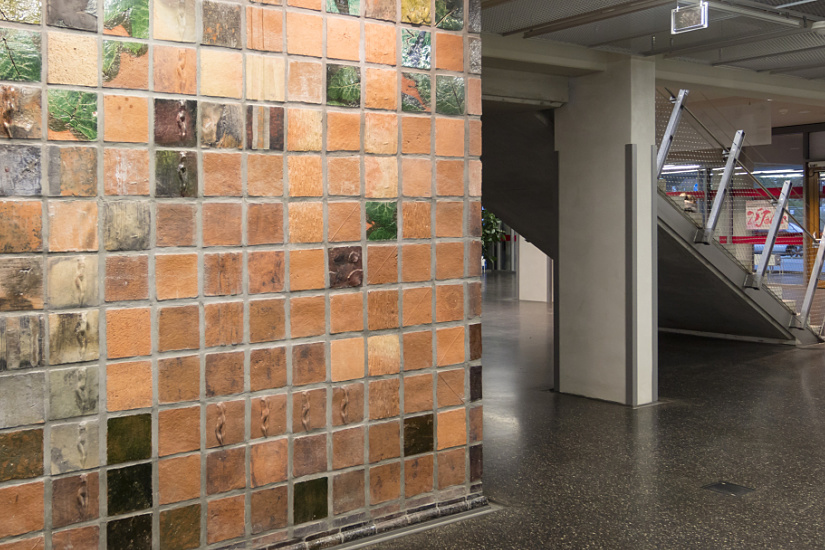 Close-up of the artistic ceramic wall in Neubrandenburg University of Applied Sciences.
